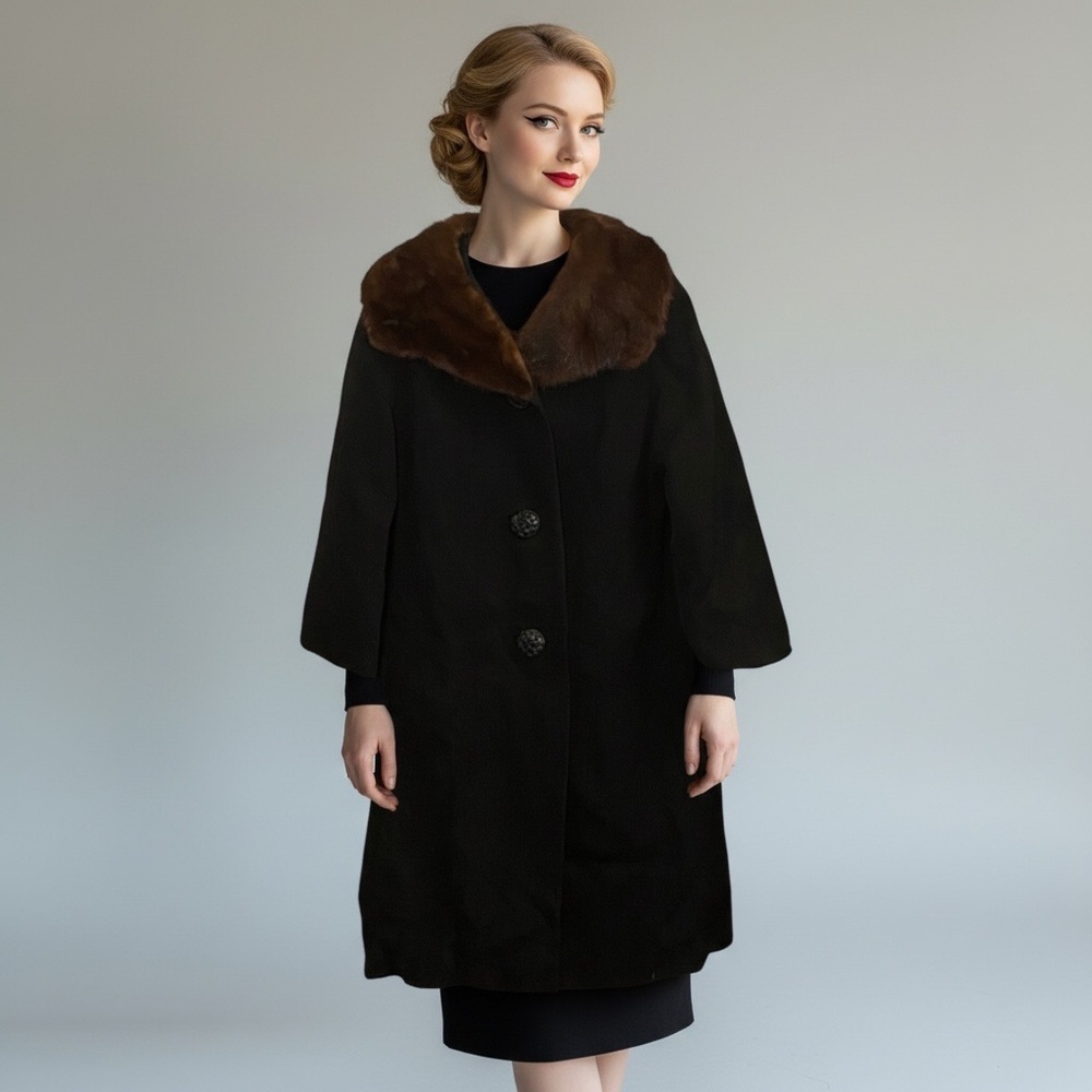 Vintage Forstmann 50's Black Wool Mink Fur Collar Pea Coat grunge penny lane